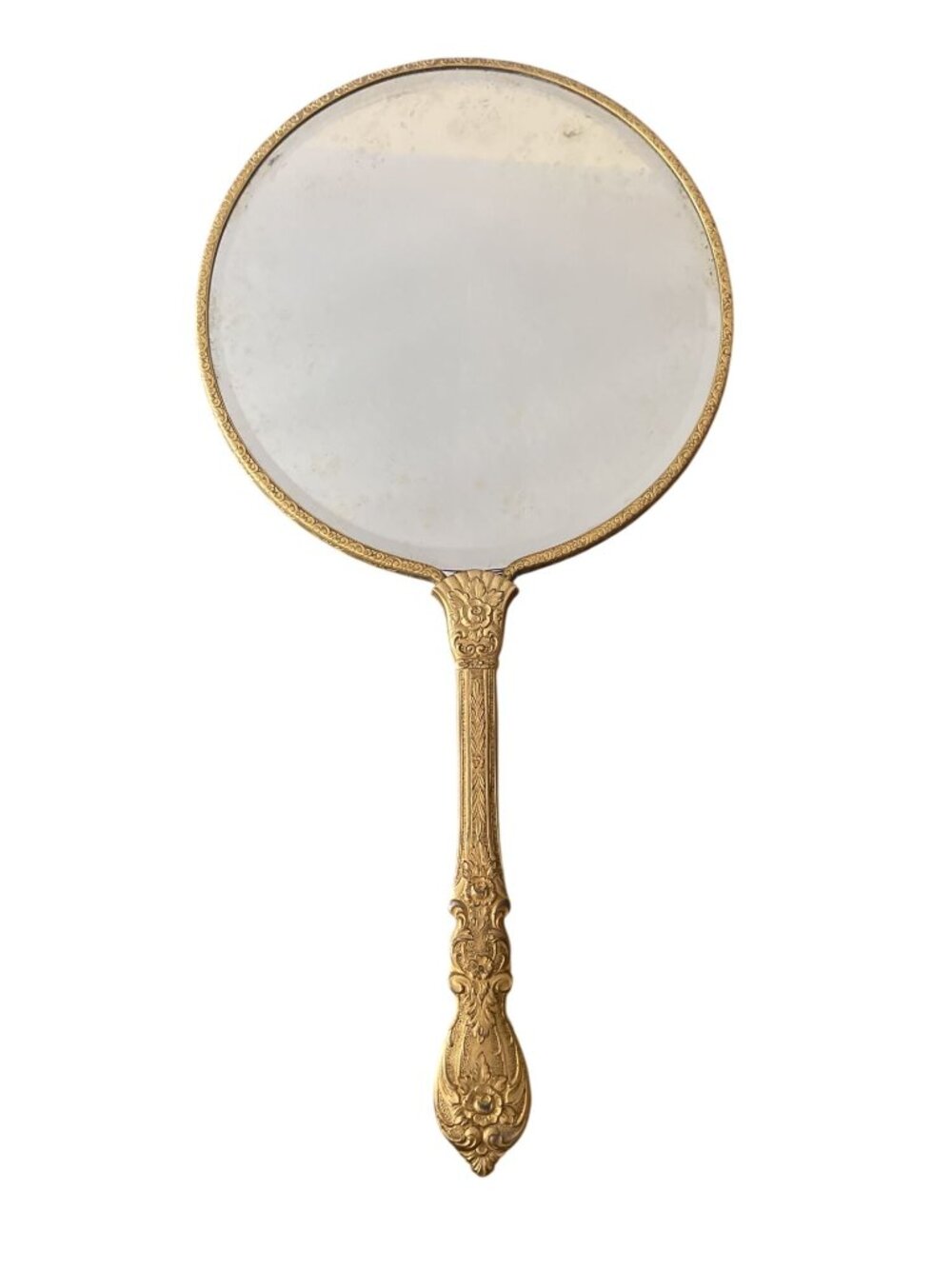 Vintage Ornate Handheld Vanity Mirror Gold Tone Floral Beveled 14" Antique Style